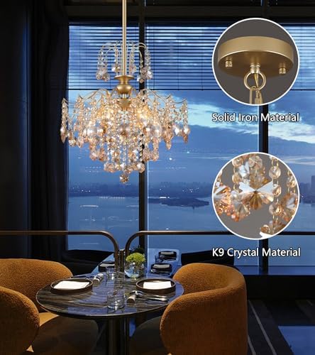 QS Amber Gold Crystal Chandelier 6 Light Modern Luxury Pendant Light