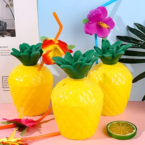 6-Pack Pineapple Cups with 12 Flower Straws for Tropical Party