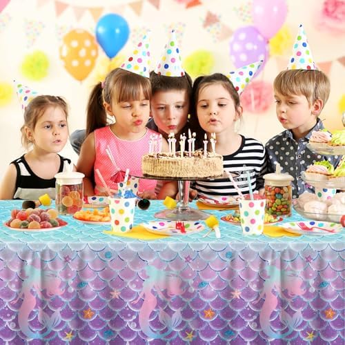 4 Pcs Mermaid Tablecloth Ocean Theme Rectangular Table Covers for Birthday Parties