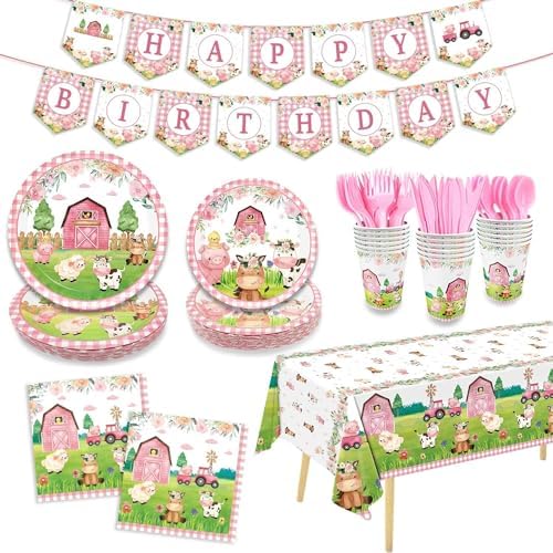 171Pcs Farm Animals Party Tableware Set Pink Baby Shower Decorations