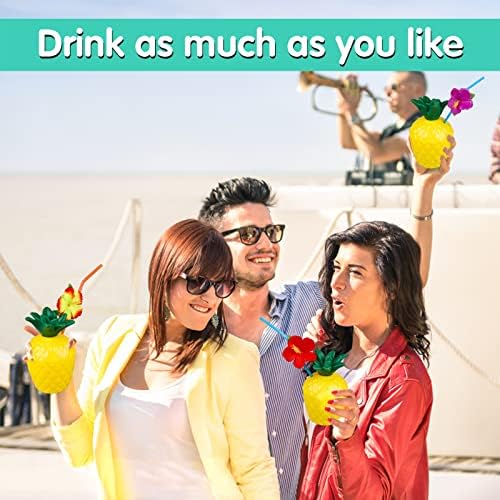 6-Pack Pineapple Cups with 12 Flower Straws for Tropical Party