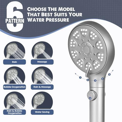 ROTORLI Handheld Shower Head with 5 Modes and 6-Foot Hose Silver