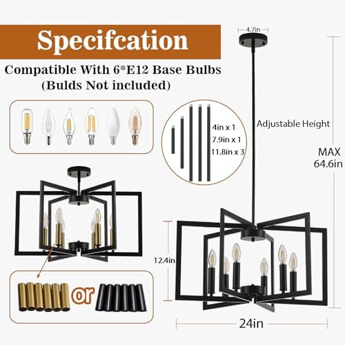 Modern Farmhouse 6-Light Black Chandelier for Dining Room and Entryway