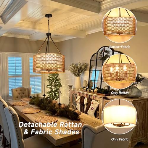 Boho Rattan Chandelier with 5 Lights and Double Shades