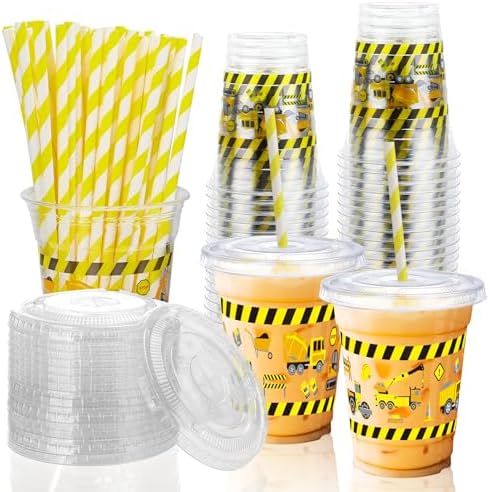50 Pcs Construction Themed Plastic Cups with Lids and Straws