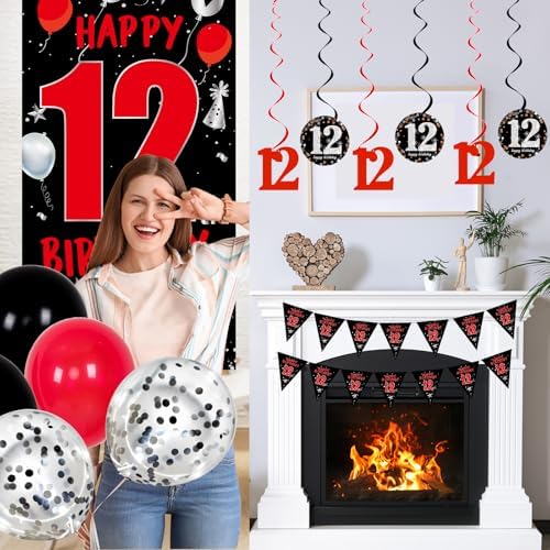 Happy 12th Birthday Decorations Red Black Set