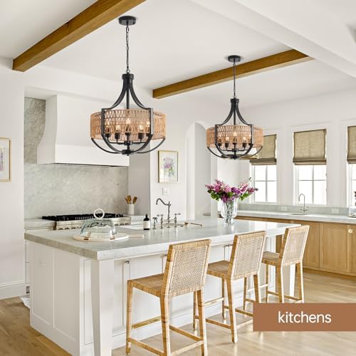 VDWO 20 Black Rattan Chandelier 5 Light Farmhouse Pendant Lighting