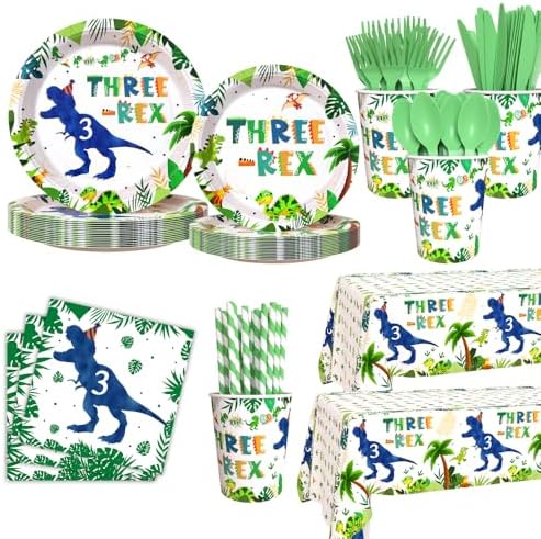 194pcs Dinosaur 3rd Birthday Party Set Plates Cups Napkins Tableware
