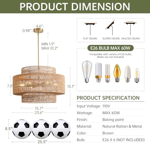 24-inch Boho Rattan Chandelier with 6 Lights