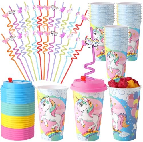 Maxcheck 24 Unicorn Cups with Straws for Birthday Party