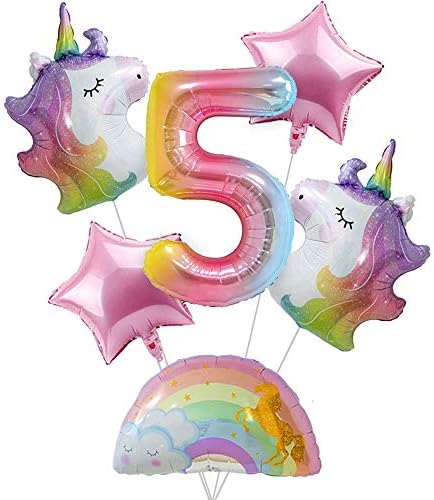 Rainbow Unicorn Balloon Bouquet 5th Birthday Set