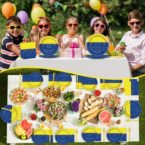 Justforjoyful 96Pcs Yellow Cartoon Paper Plates Set for Birthday Party