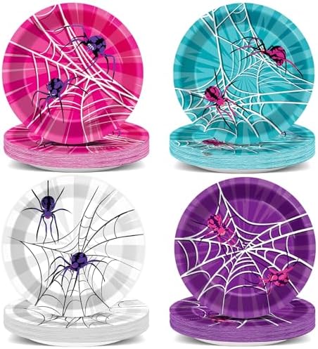 60Pcs 7 Inch Pink Spider Party Plates Decorations