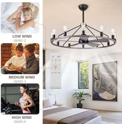 Shes home 43 Inch Wood Wagon Wheel Chandelier with Fan