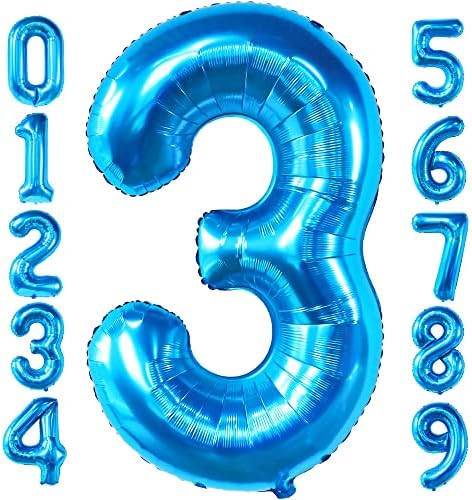 KatchOn Big Blue Number 3 Balloon with Happy Birthday Banner - Pack of 2