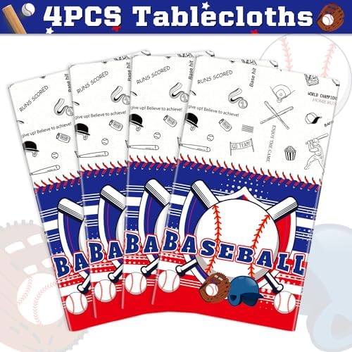 4-Pack Baseball Themed Tablecloths - 86 x 51 Inch Plastic Covers