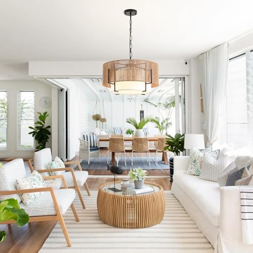 4-Light Rattan Chandelier with Fabric Shade