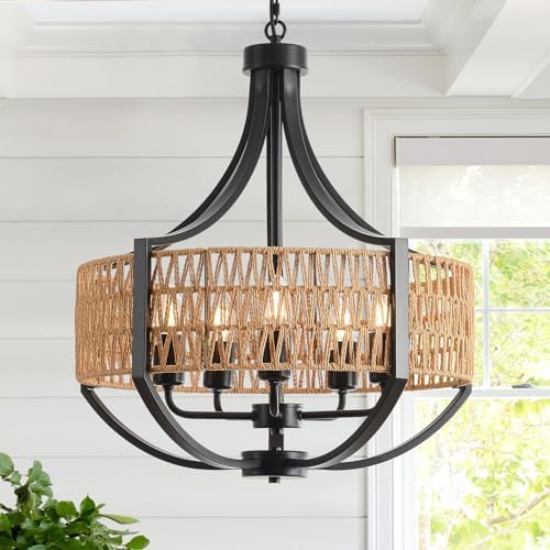 VDWO 20 Black Rattan Chandelier 5 Light Farmhouse Pendant Lighting