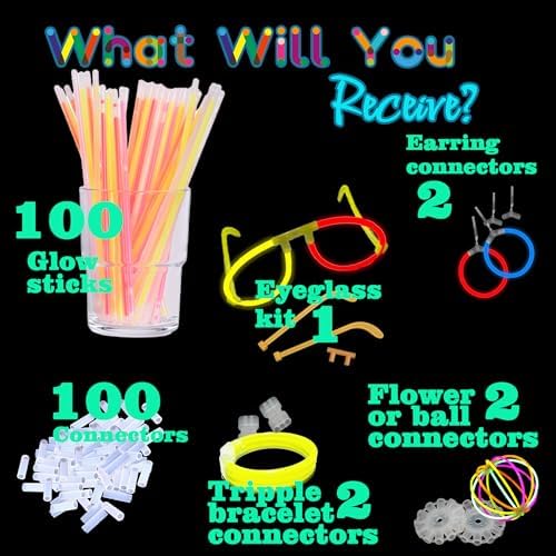 Glow Sticks 207Pcs Party Pack 8 Light-Up Accessories