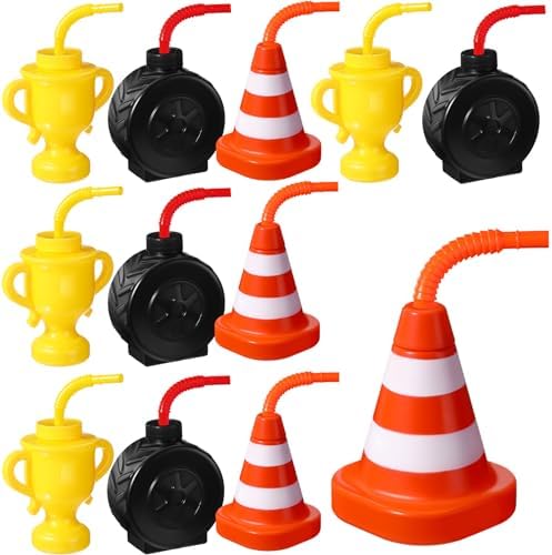 Mifoci 12 Pack Construction Tire Cone Cups with Yellow Straws for Party