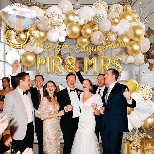 Engagement Party Decor Kit Gold White Balloons
