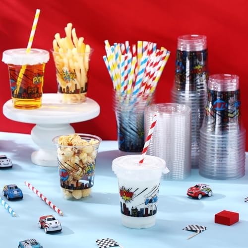 50 Pcs 12 oz Disposable Cups with Lids and Straws for Parties