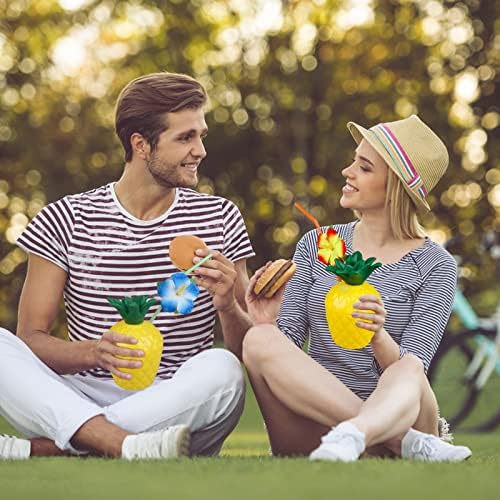 6-Pack Pineapple Cups with 12 Flower Straws for Tropical Party