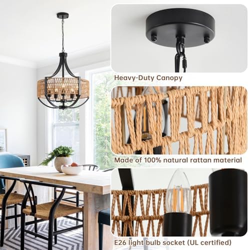 VDWO 20 Black Rattan Chandelier 5 Light Farmhouse Pendant Lighting