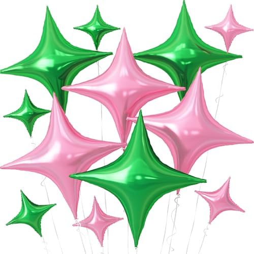 12PCS Pink Green Star Foil Balloons for Party Decorations