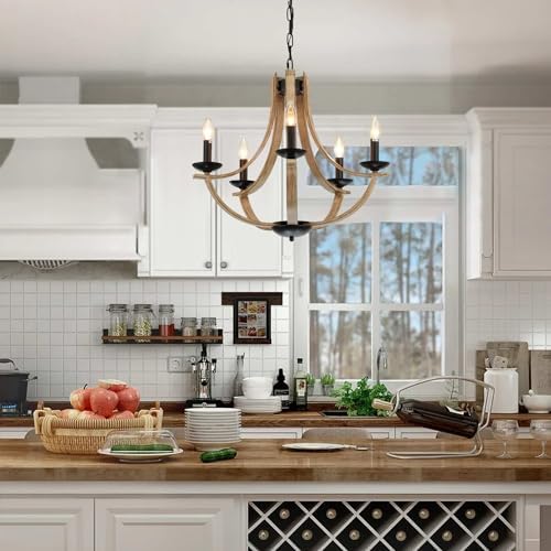 Farmhouse Chandeliers 5-Light 24 Inch Faux Wood Hanging Light