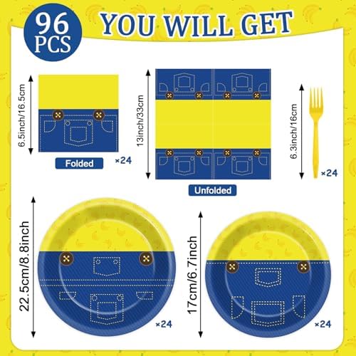 Justforjoyful 96Pcs Yellow Cartoon Paper Plates Set for Birthday Party