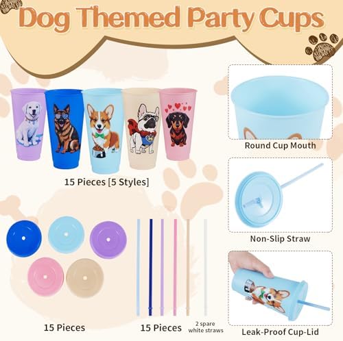 15 Pcs Dog Party Cups with Lids and Straws