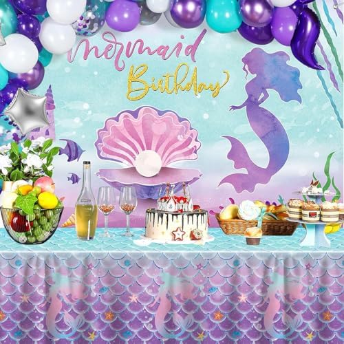 4 Pcs Mermaid Tablecloth Ocean Theme Rectangular Table Covers for Birthday Parties