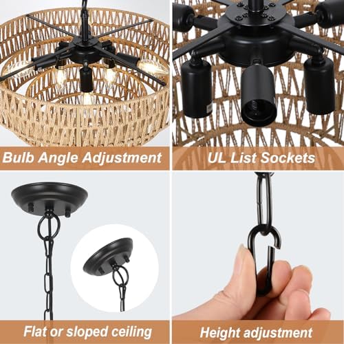 Boho Rattan Chandelier 6 Light Farmhouse Dining Room Pendant