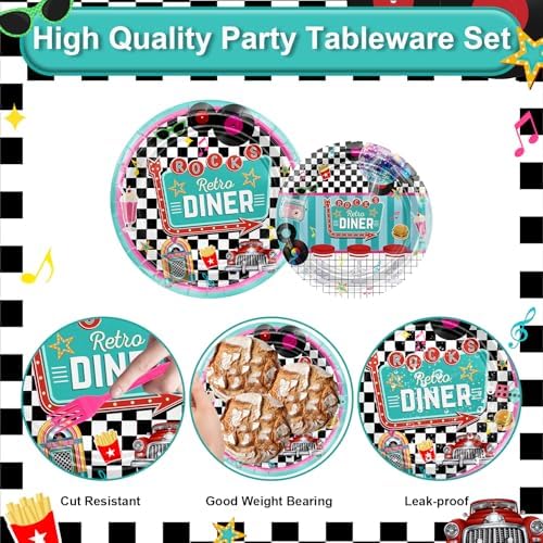 Avezano 192 Pcs 50s Rock Roll Party Plates Napkins Set