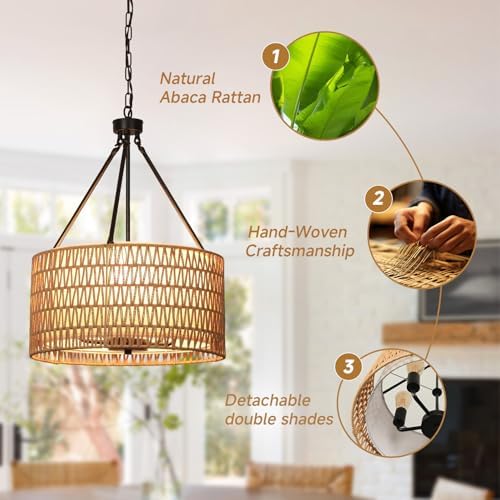 Boho Rattan Chandelier with 5 Lights and Double Shades