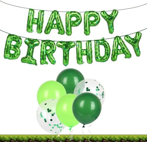 Pixel Themed Birthday Banner with Balloons and Cake Border