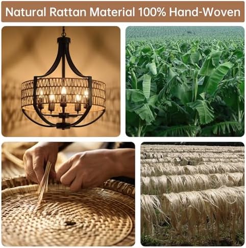 VDWO 20 Black Rattan Chandelier 5 Light Farmhouse Pendant Lighting
