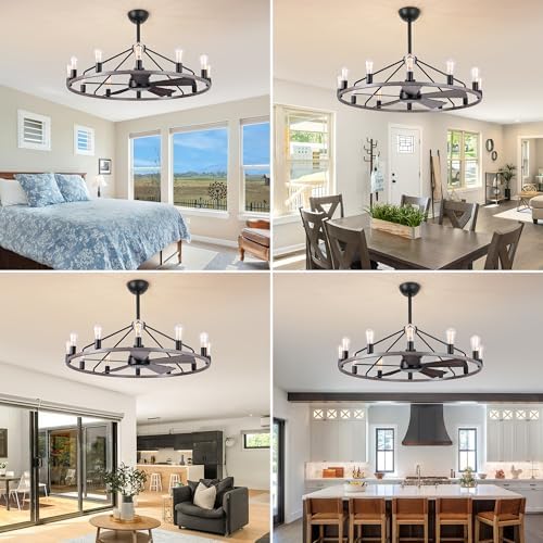 Shes home 43 Inch Wood Wagon Wheel Chandelier with Fan