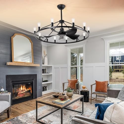 44 Inch Black Chandelier Fan with Remote and 12 Lights