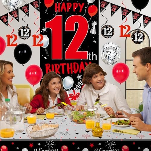 Happy 12th Birthday Decorations Red Black Set