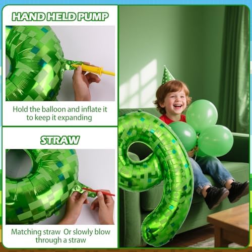 40 Inch Green Pixel Miner Theme Number Balloons