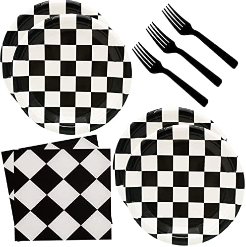 60Pcs Black and White Checkered Race Car Party Plates Set