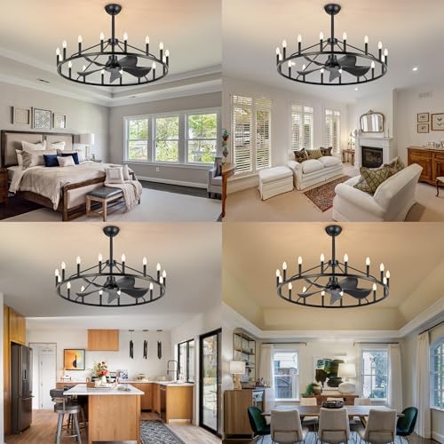Shes Home 43 Inch Black Wagon Wheel Chandelier Fan with Light and Remote