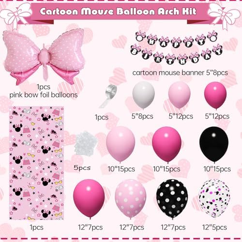 Carileee Cartoon Mouse Balloon Arch Kit 125pcs Pink Birthday Decorations