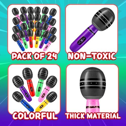 24 Pack Inflatable Microphones Neon Colors 10 Inch
