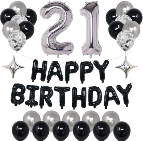 21st Birthday Black Silver Decorations with Balloons