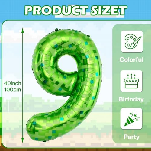 40 Inch Green Pixel Miner Theme Number Balloons