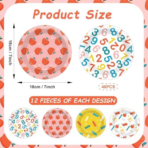 48Pcs Back to School Paper Plates with Apple Pencil Designs