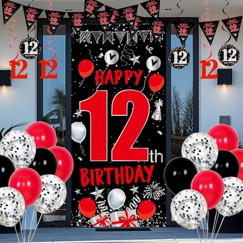 Happy 12th Birthday Decorations Red Black Set